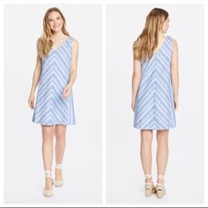 NWT Draper James Knot Shoulder Shift Dress Linen Cotton 14 Blue Striped V-Neck